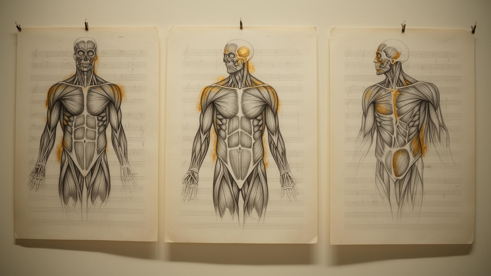 Wall of anatomical study plates rendered in muted charcoal pencil with amber gold accents — clinical insights from a Toronto registered massage therapy practice